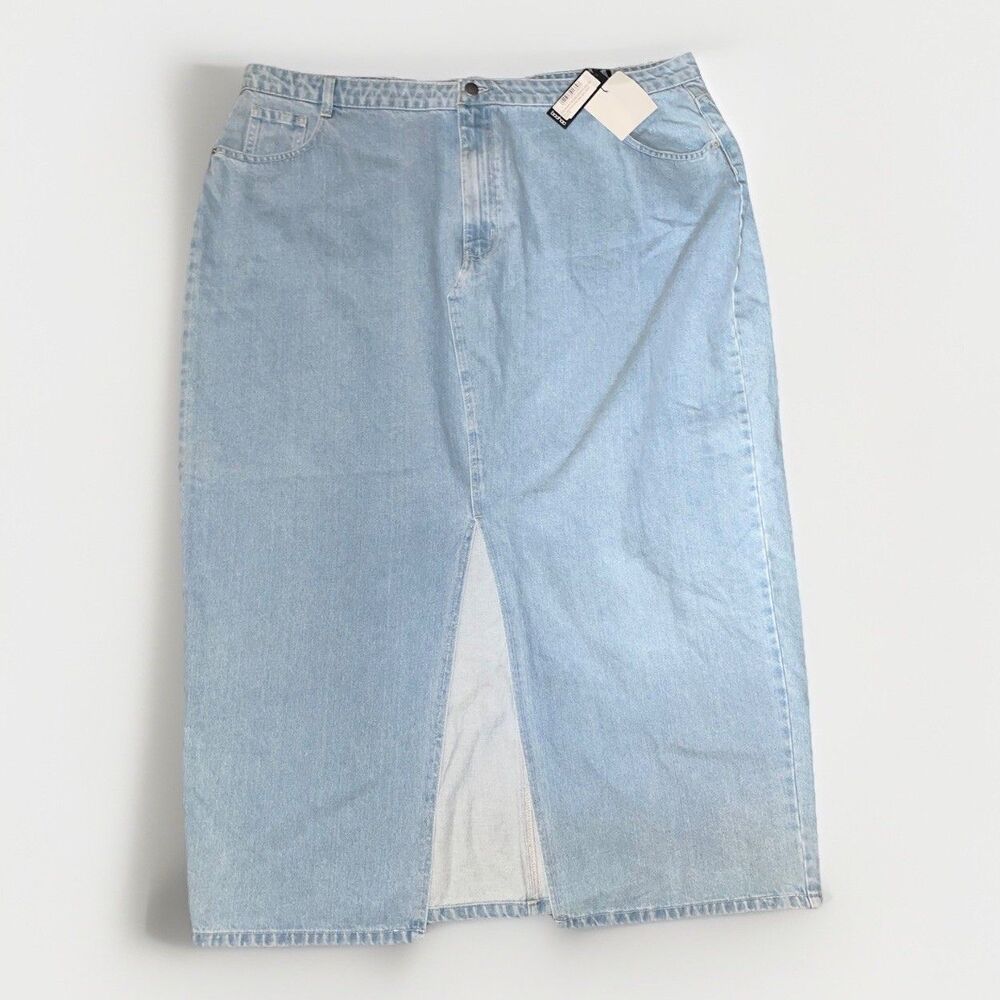Boohoo Plus Split Front Denim Maxi Skirt Light Blue Size 22 UK 26 NWT